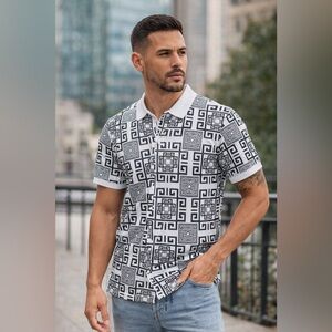 Albertini Greek Key Pattern Polo Shirt Stretch Cotton Designer Style NWT Sz Sm